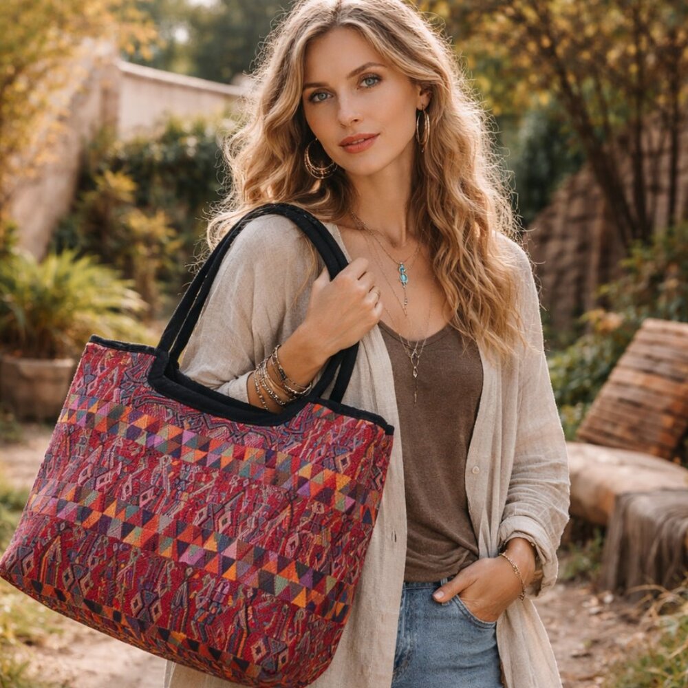 Colorful Geometric Handwoven Tote Bag by Mayan Indians